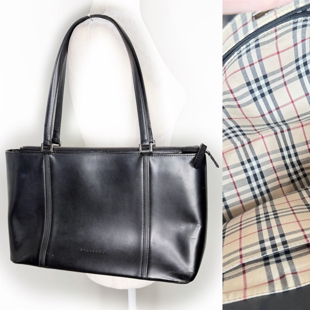 Burberry The Banner Black Leather Shoulder Bag Purse Tote Nova Check Interior